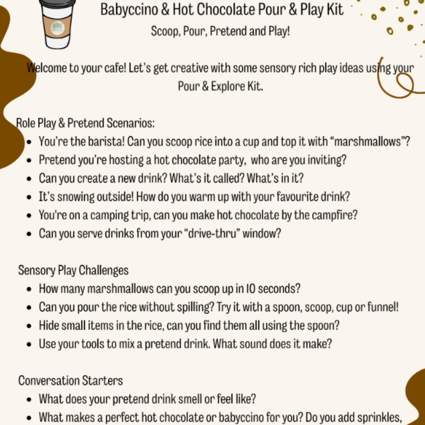 Instructions for a Babycino & Hot Chocolate Pour & Play Kit with sensory play activities and role play scenarios.