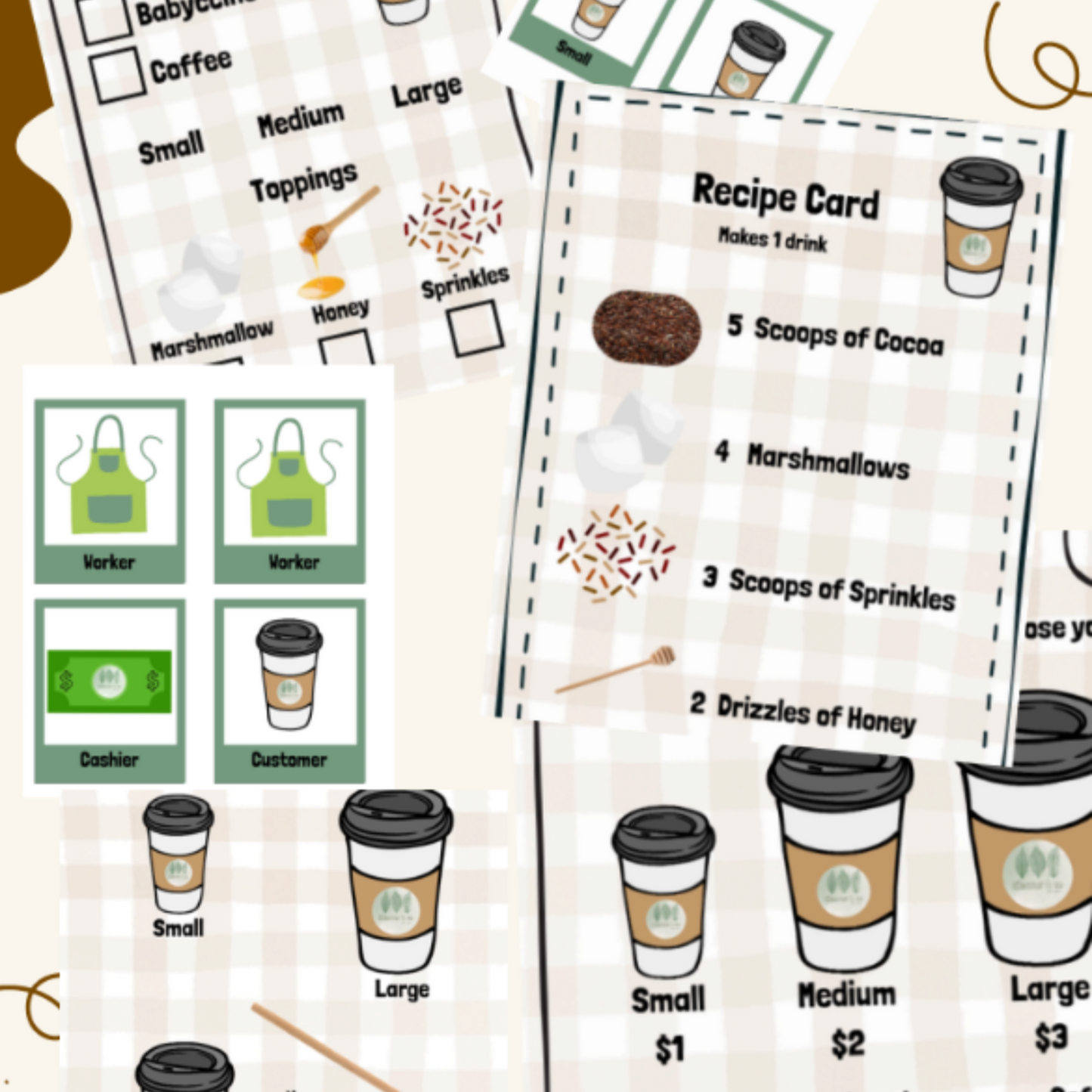 Set of order form and recipe card templates for hot chocolate with illustrations and text.