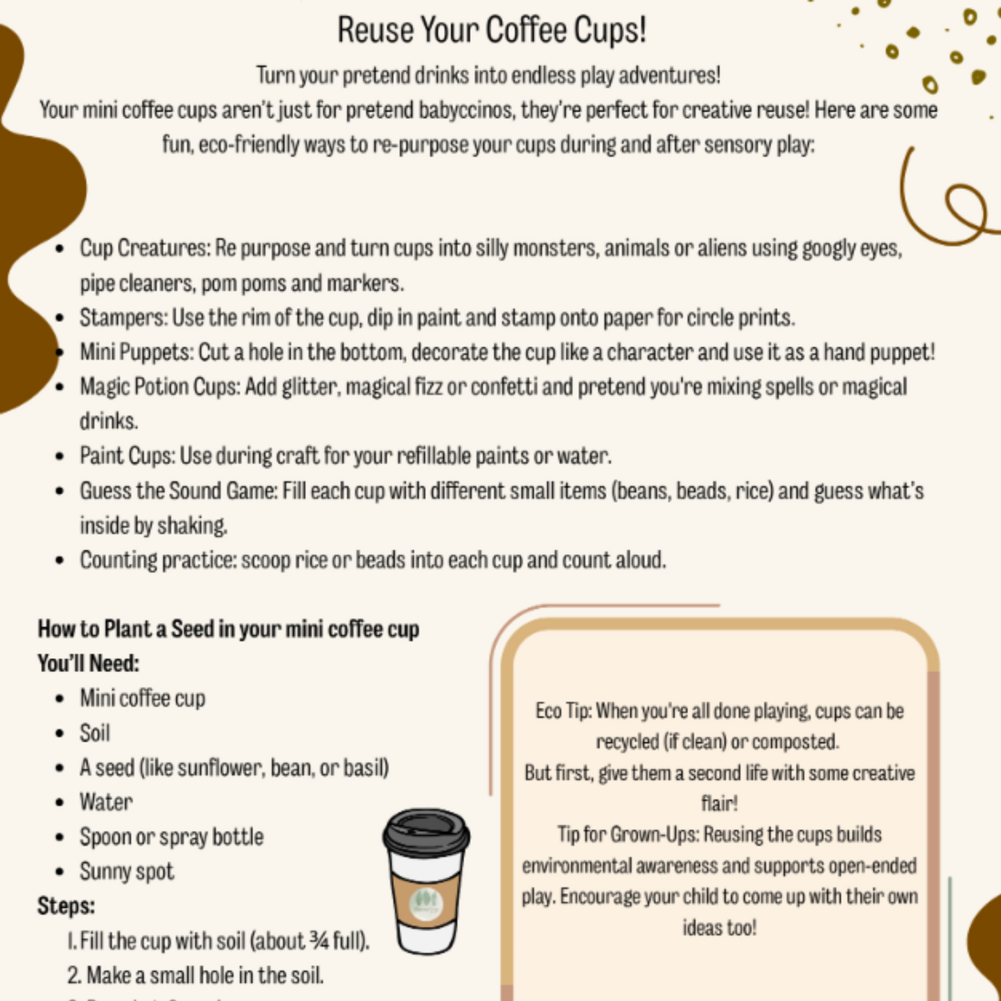 Instructions for reusing mini coffee cups with creative play ideas and gardening tips.