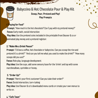 Play kit instructions for 'Babycino & Hot Chocolate Pour & Play Kit' with prompts and play ideas.