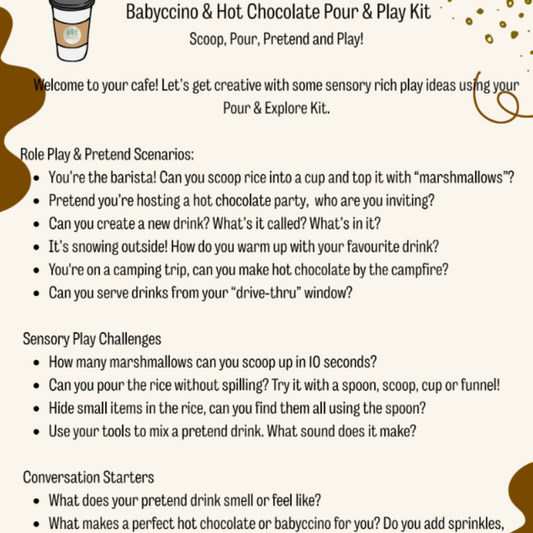 Instructions for a Babycino & Hot Chocolate Pour & Play Kit with sensory play activities and role play scenarios.