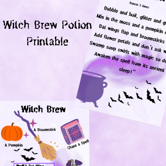 Witch Brew Potion Printable with potion ingredients and instructions on a purple background