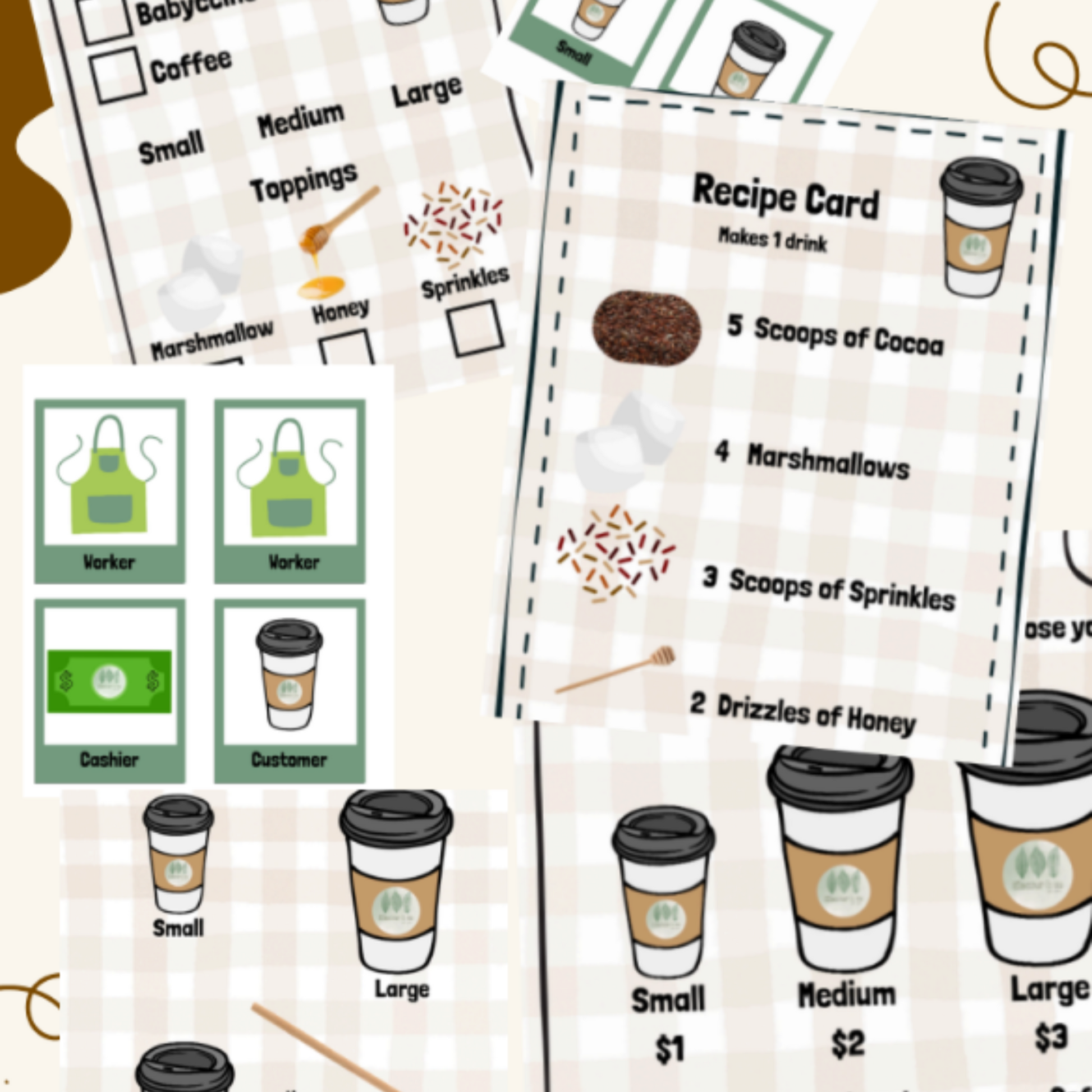 Set of order form and recipe card templates for hot chocolate with illustrations and text.